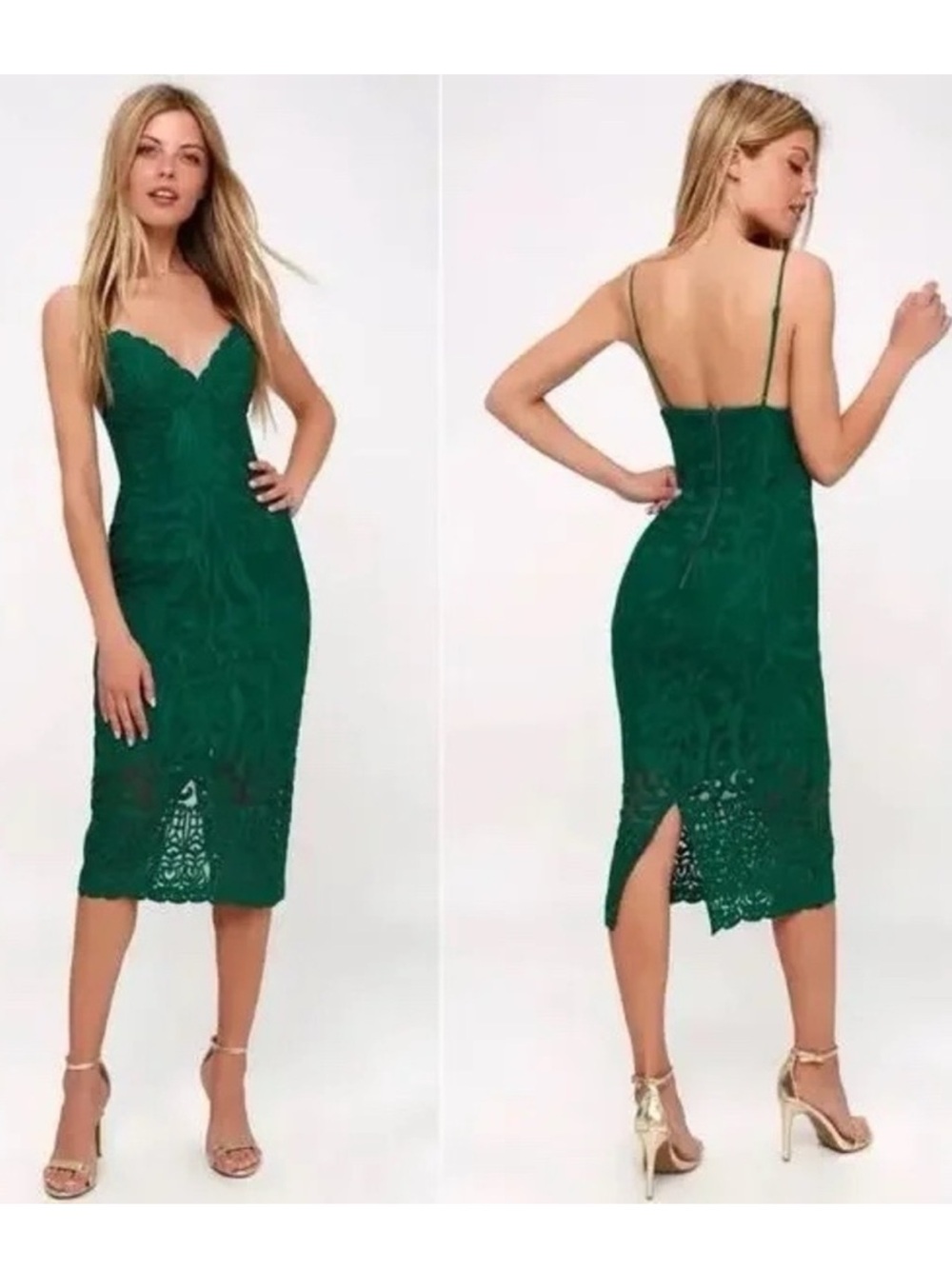 Bardot Gia Emerald Green Lace Midi Dress with Spaghetti Straps